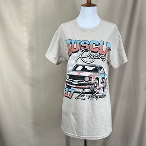 BOWERY beige muscle racing crew neck cap sleeve t-shirt